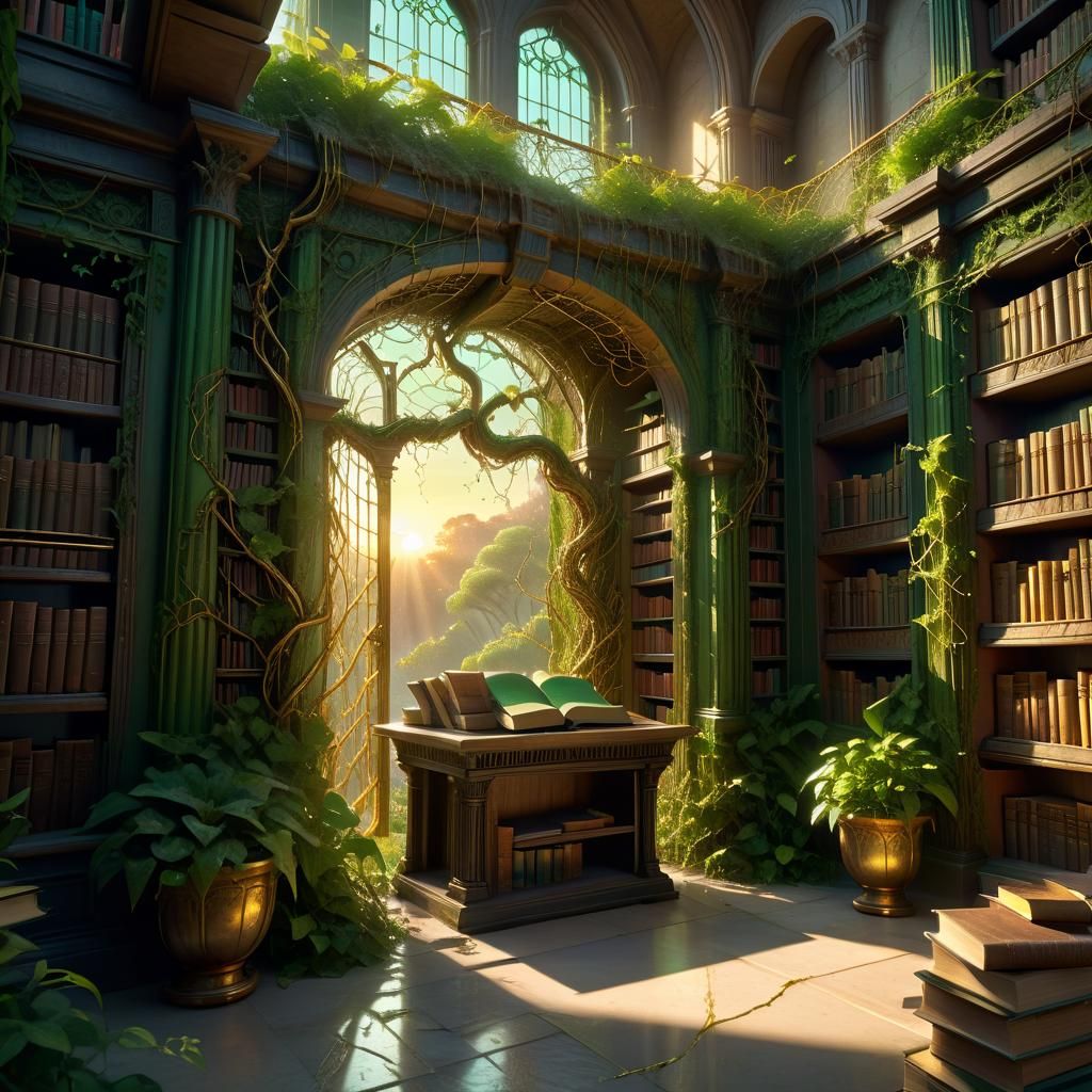 Overgrown Ancient Library with Golden Sunrise Lighting