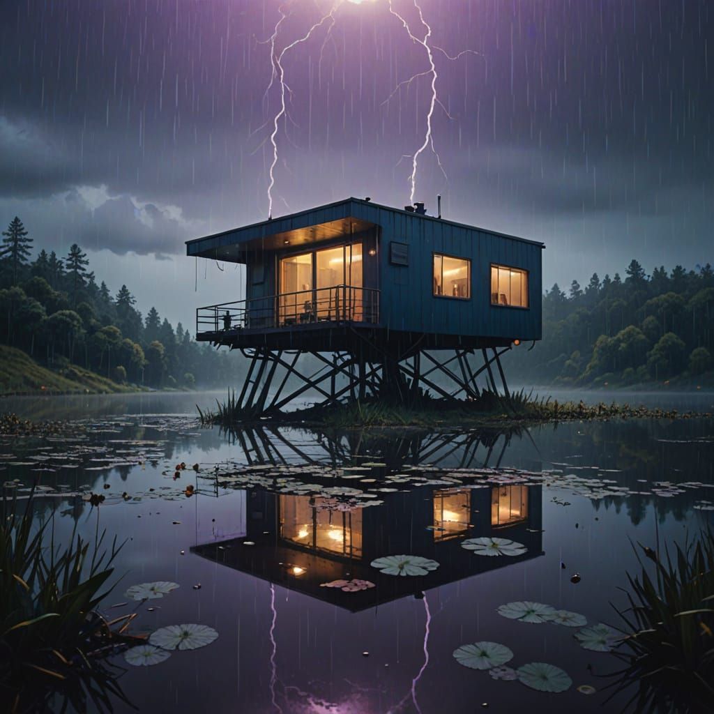 Moody Lake Cabin Under Heavy Rain