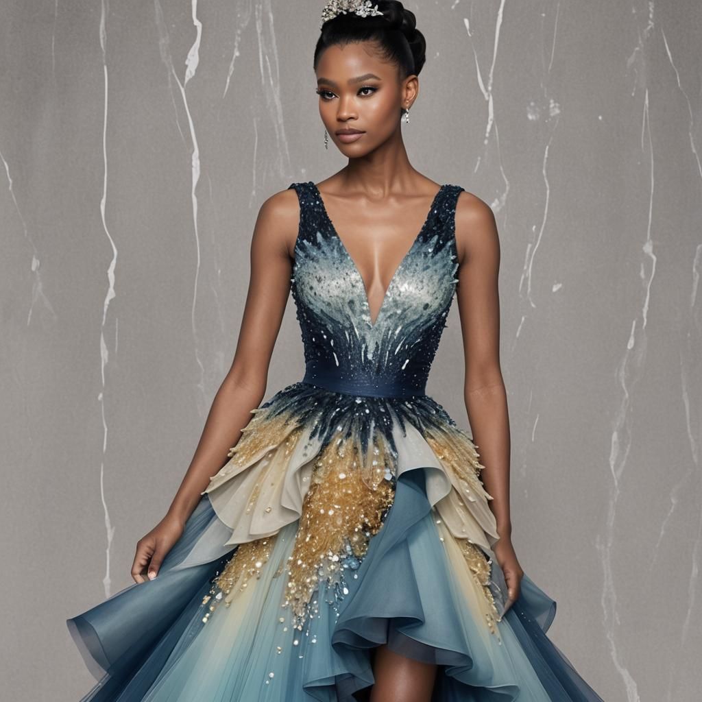 Woman in Crystal Dress in Ballroom, Hyperrealistic