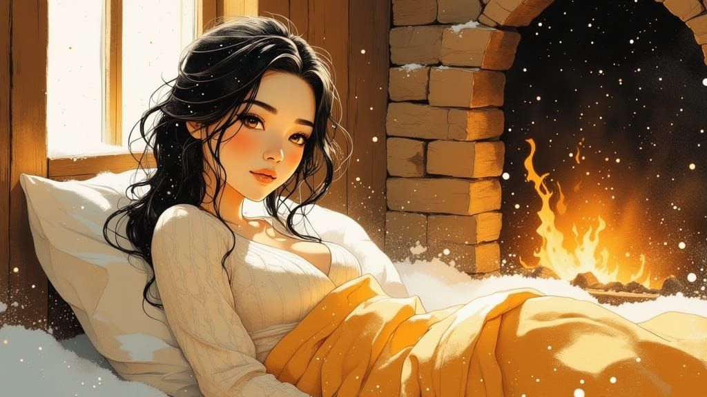 Young Asian Woman Cozy in Winter Cabin with Fireplace