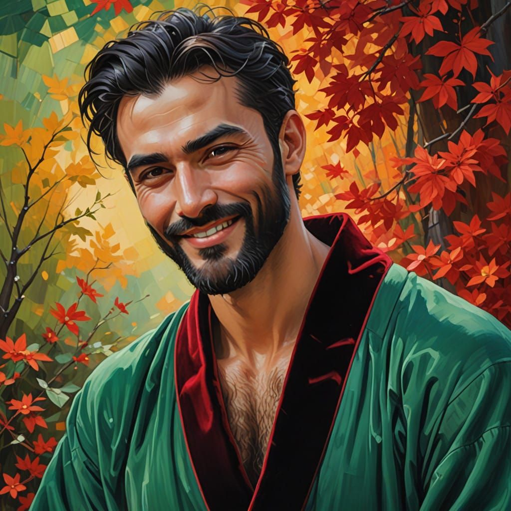 A Handsome Man in a Green Velvet Bathrobe in a Snowy Mountai...