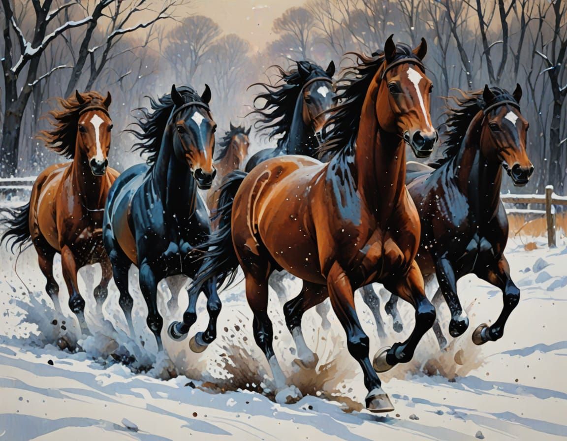 Horses Gallop Across Frosty Landscape in Vibrant Tempera Pai...