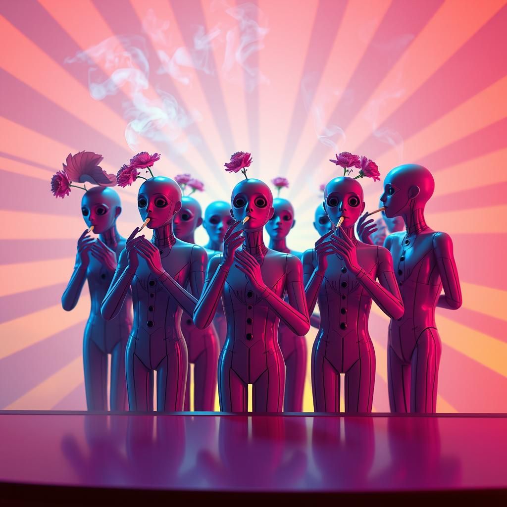 Surreal Mannequin Flower Eaters in Smoking Bar