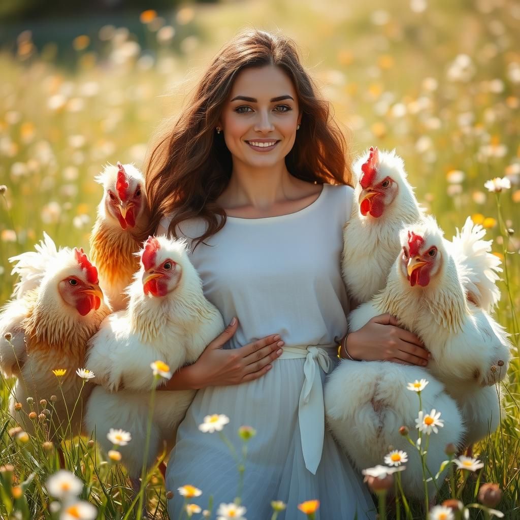 Woman Surrounded by Gentle Support Chickens in Meadow
