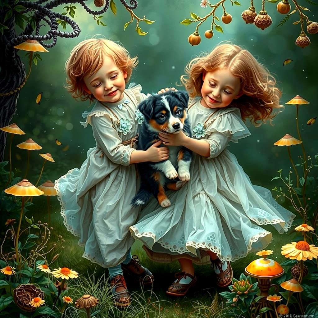 Whimsical Fairy Tale Scene with Children and Puppy