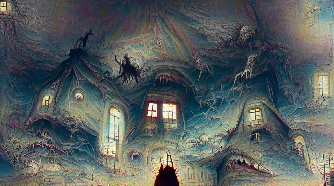 Magical Horror Building in Gothic Engraving Style