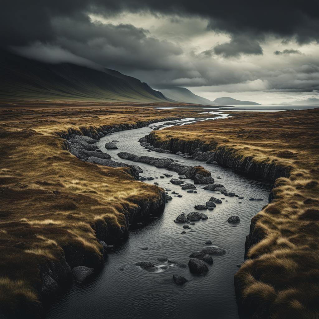 Scottish Stream Winds to the Ocean: Detailed Digital Paintin...