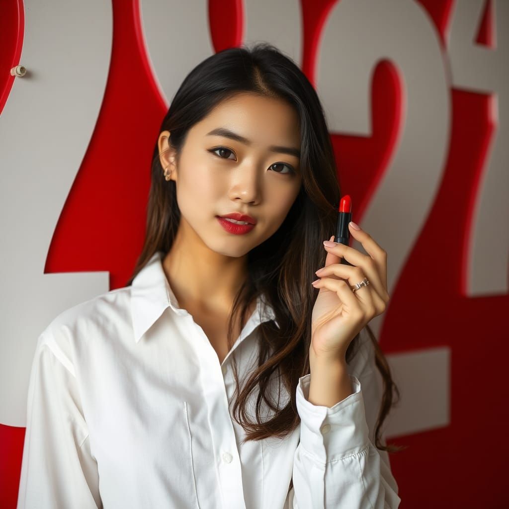 Asian Woman with Lipstick Against Red 2024 Wall