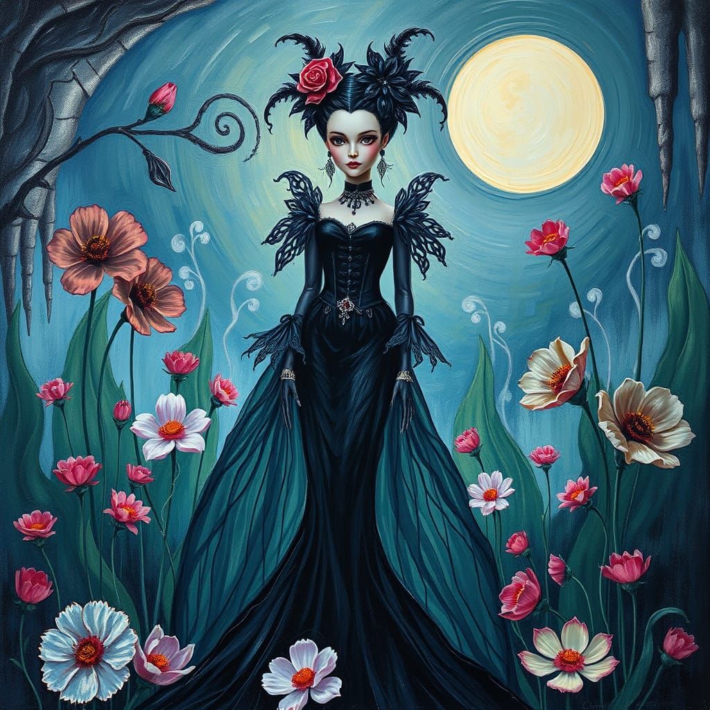 Gothic Barbie in a Moonlit Garden, Neo-Impressionist Style