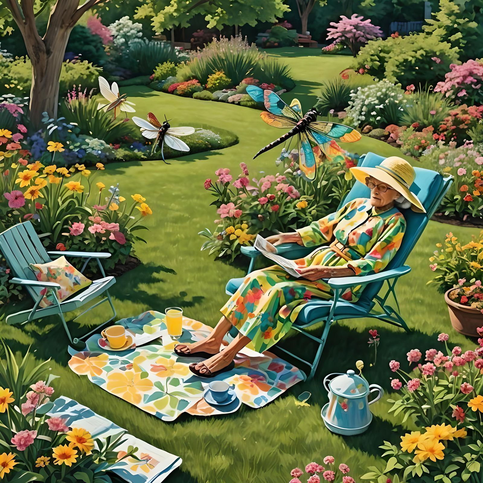 Giant Dragonfly Over Garden Scene