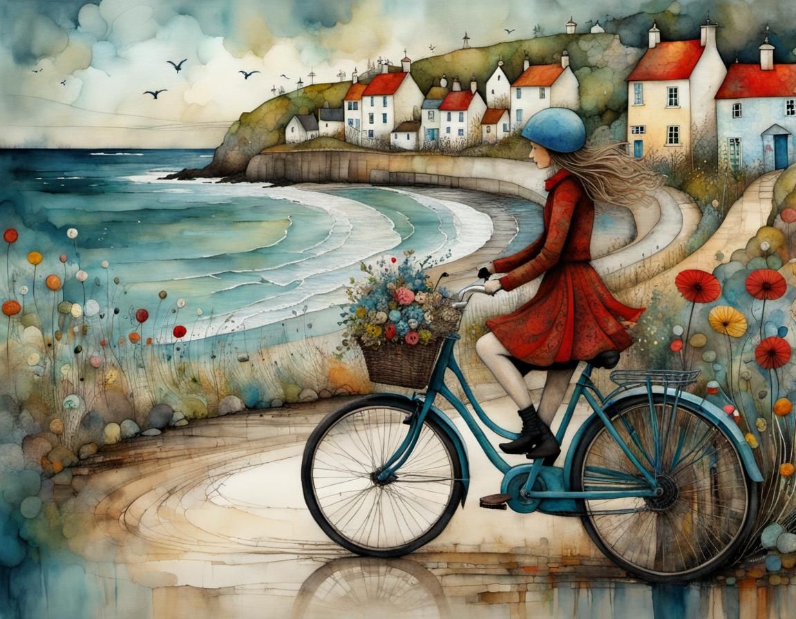 Seashore Bike Ride in Swedish Folk Art Style