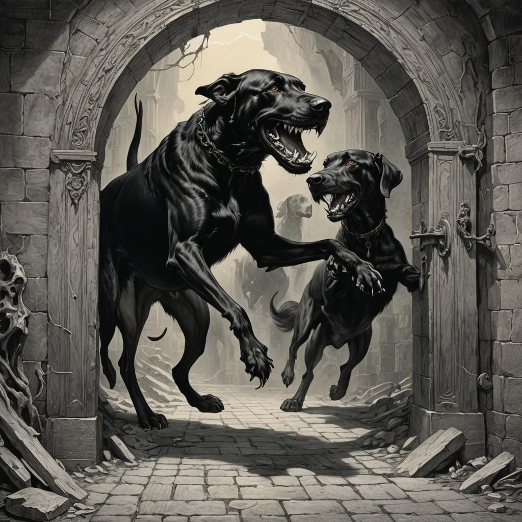 Three-Headed Hound Stepping Through a Time Portal