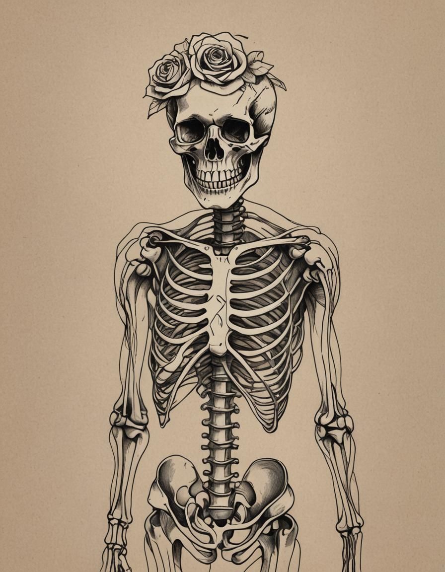 Joyful Skeleton with Rose Tattoo in Minimalist Line Art Styl...