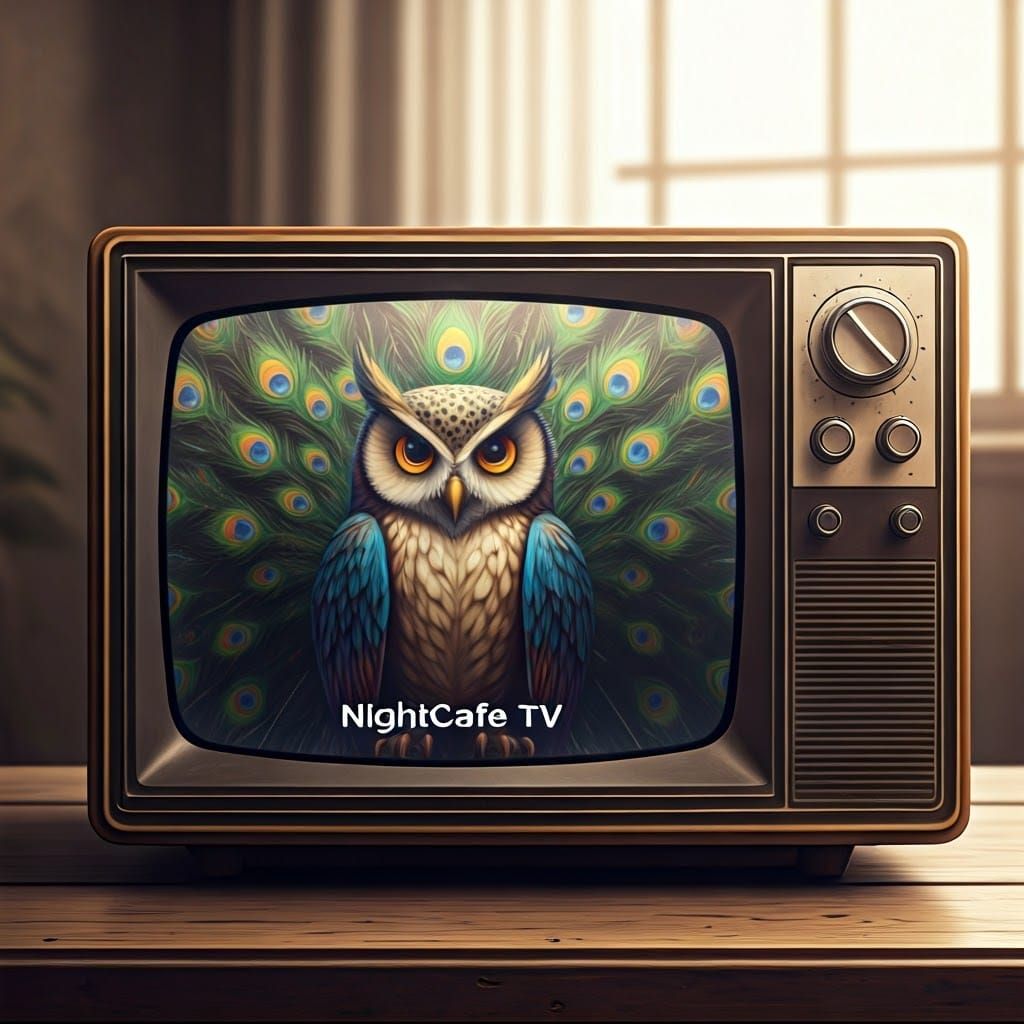 Anime Owl Peacock on Vintage TV as Digital Art