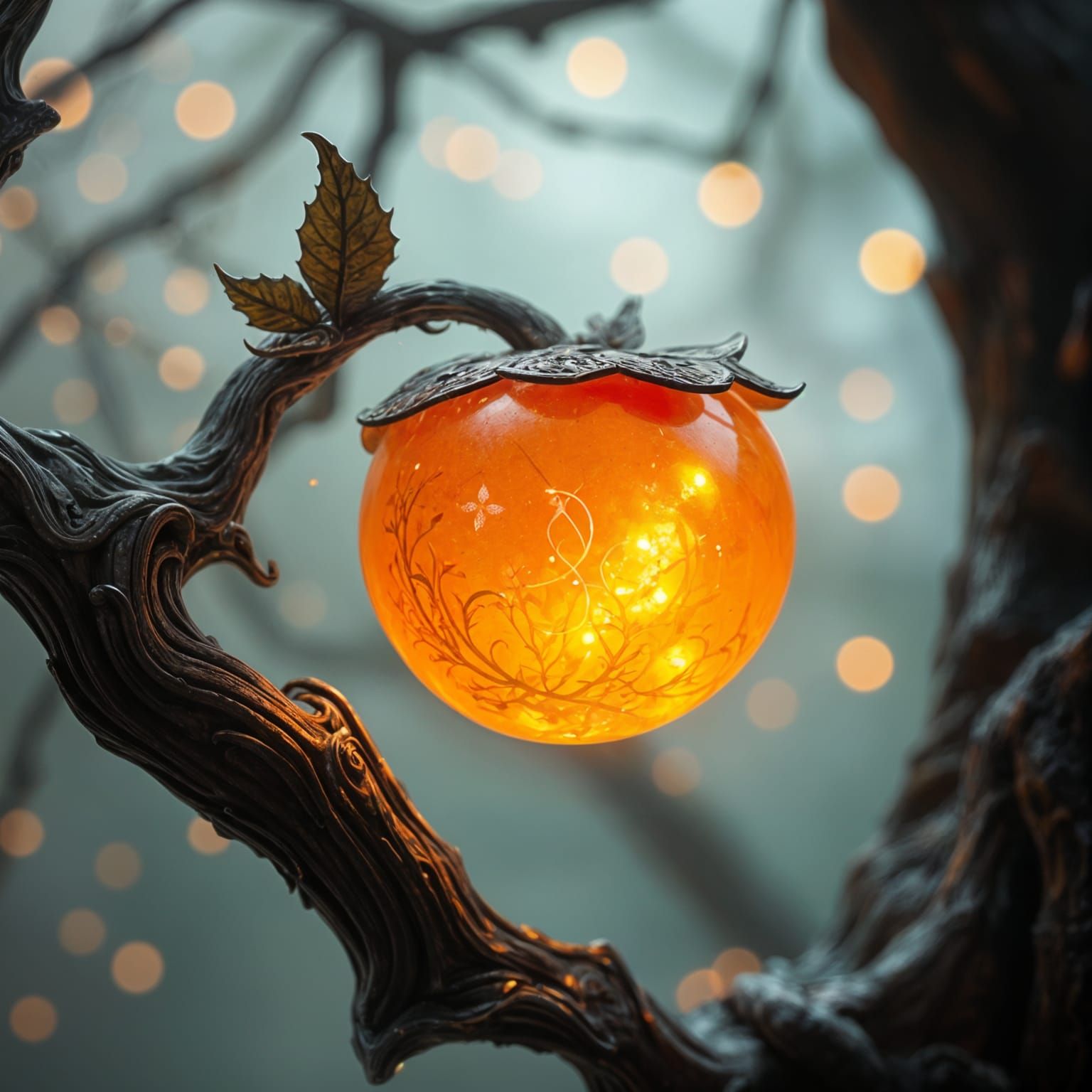 Ethereal Glass Persimmon Blossoms in Surreal Landscape