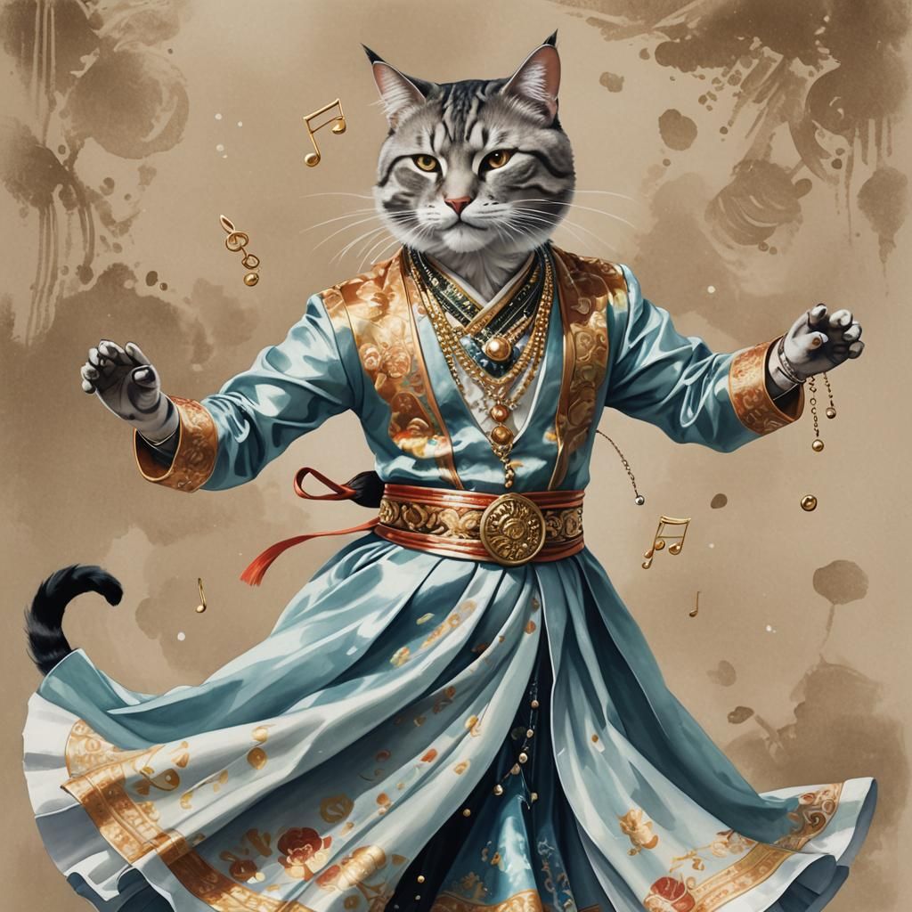 Asian Cat-Person Dancing in Dress, Realistic Style