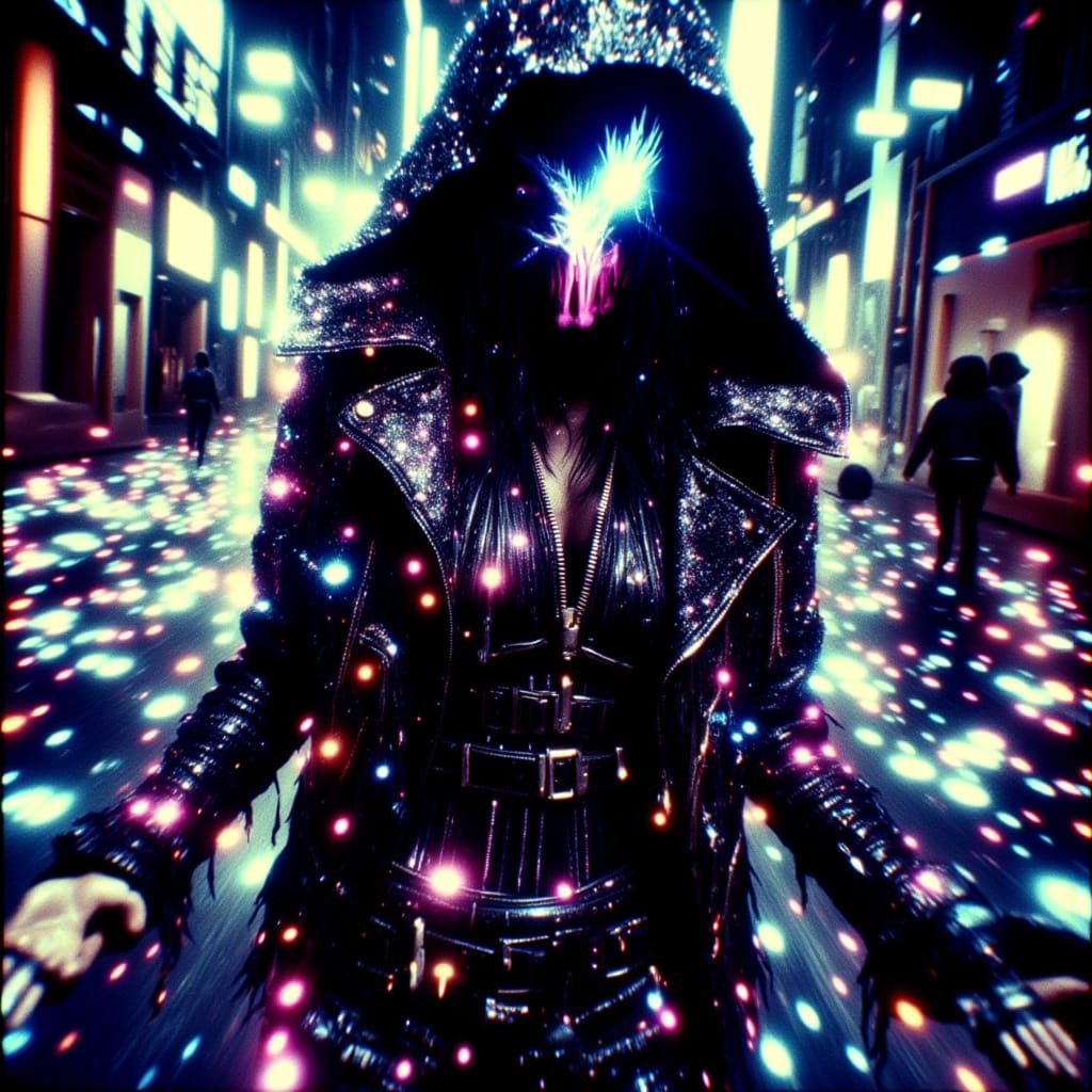 Cyberpunk Hacker in Shredded Jacket with Neon Sigils