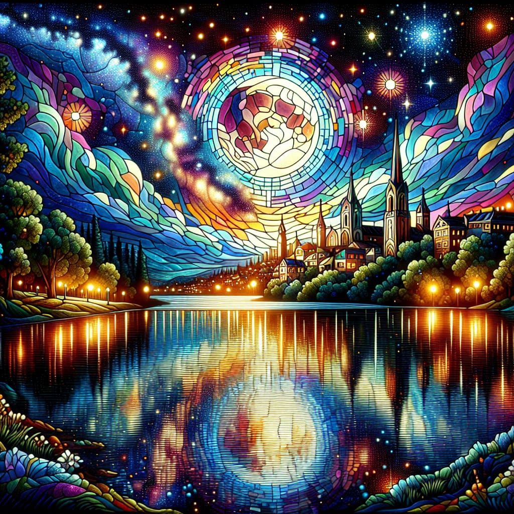Stained Glass Starry Night Cityscape Reflection