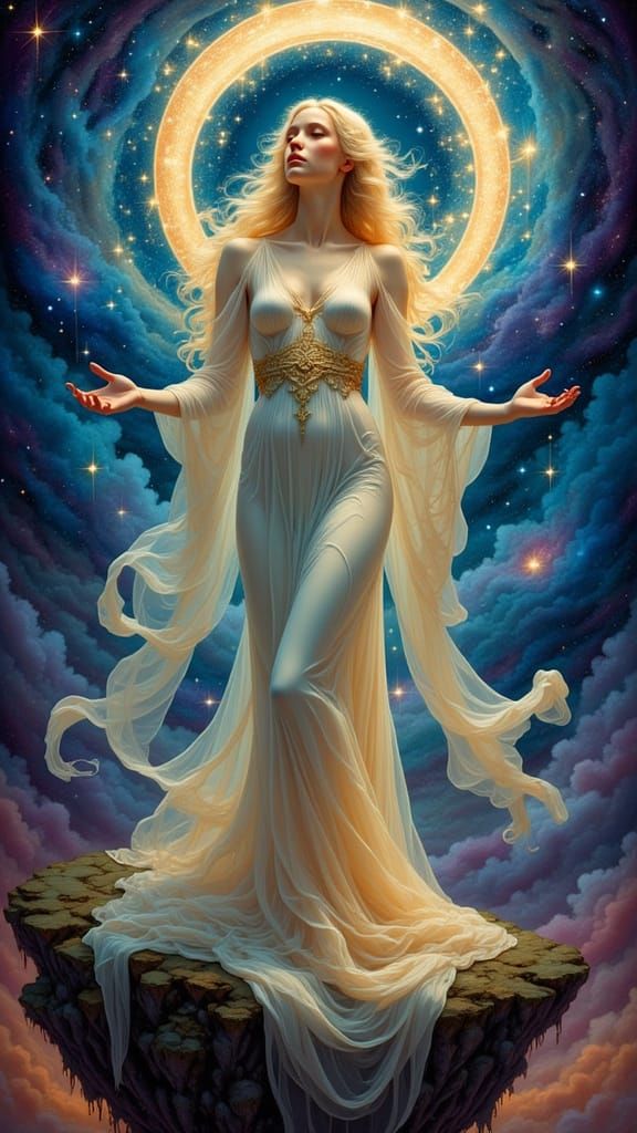 Majestic Goddess Overlooking Nebula in Celestial Robes