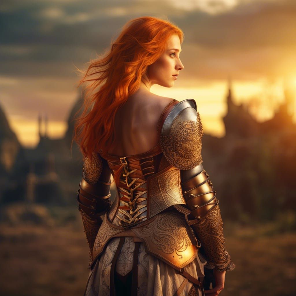 Medieval Goddess in Knight Armor at Sunset