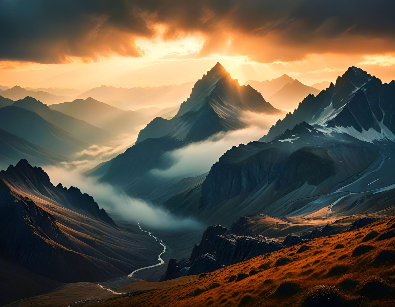 Desolate Misty Mountains in Golden Hour Glow