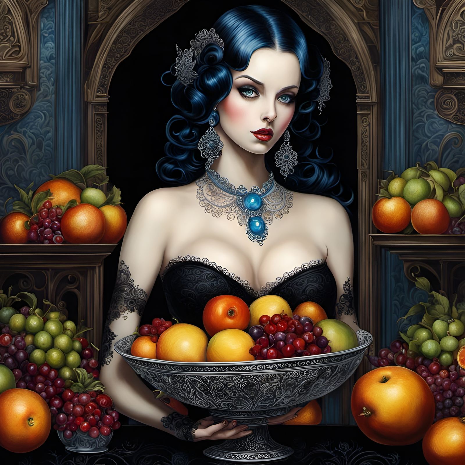Gothic Woman with Fruit Bowl in Tim Burton Style