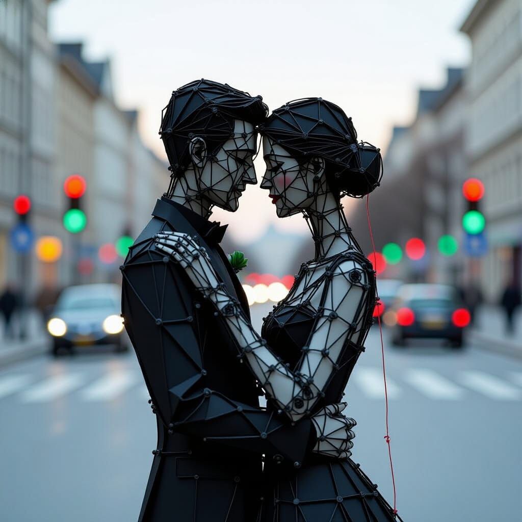 Wire Embrace: Abstract Figures in Urban Landscape