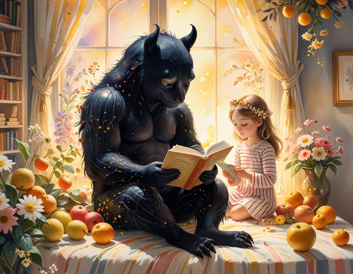 Whimsical Watercolor of Creature Reading to Girl