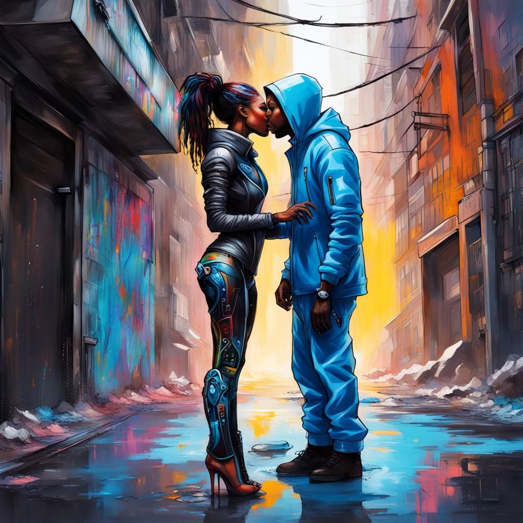 Futuristic City Kiss in Gritty Graffiti Art