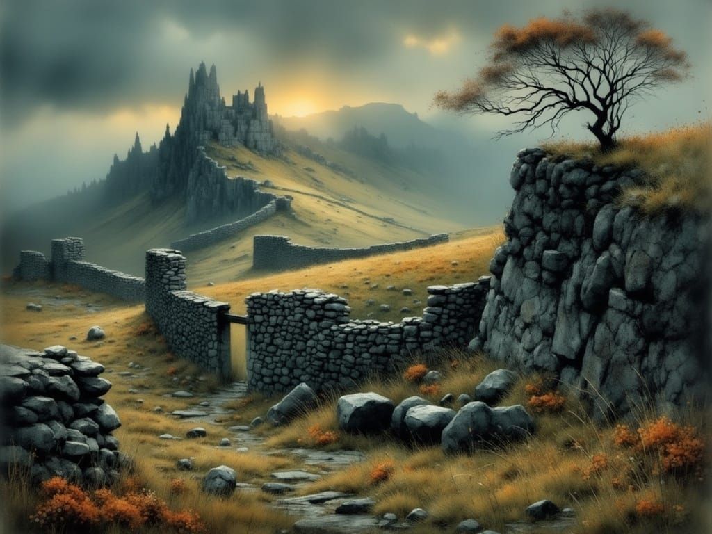Misty Scottish Highlands with Ancient Stone Walls