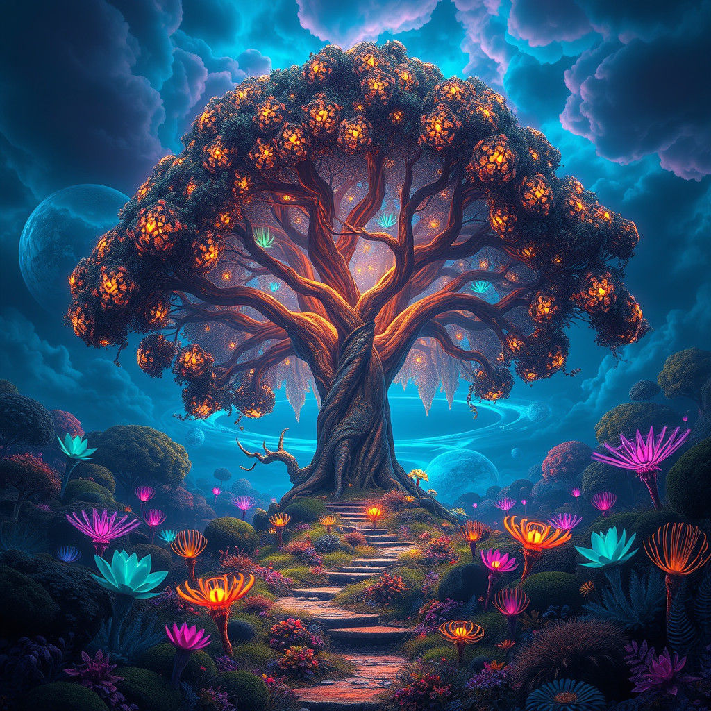 Enchanted Glowing Tree in Dreamlike Landscape