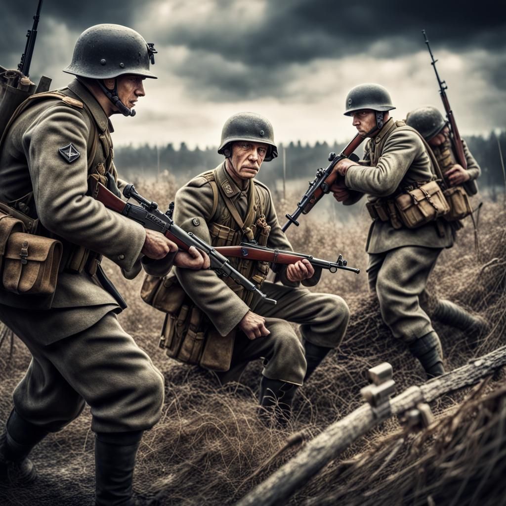 German and American Soldiers in Hyperrealistic Battle
