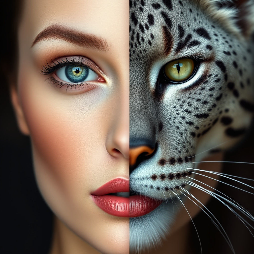 Split Portrait: Woman Merges with Feline