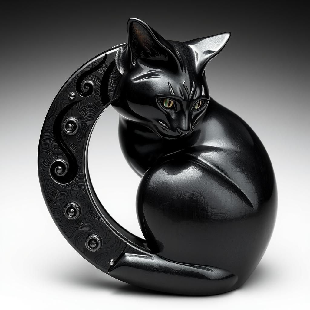 Black Cat Damascus Horseshoe in Art Nouveau Style
