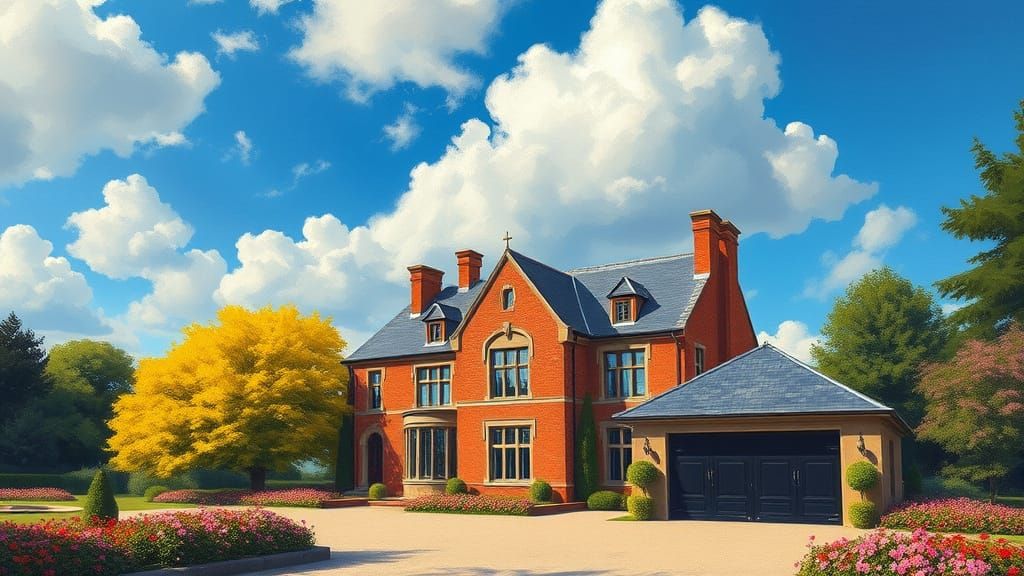 Elegant Brick Chateau Surrounded by Vibrant Garden