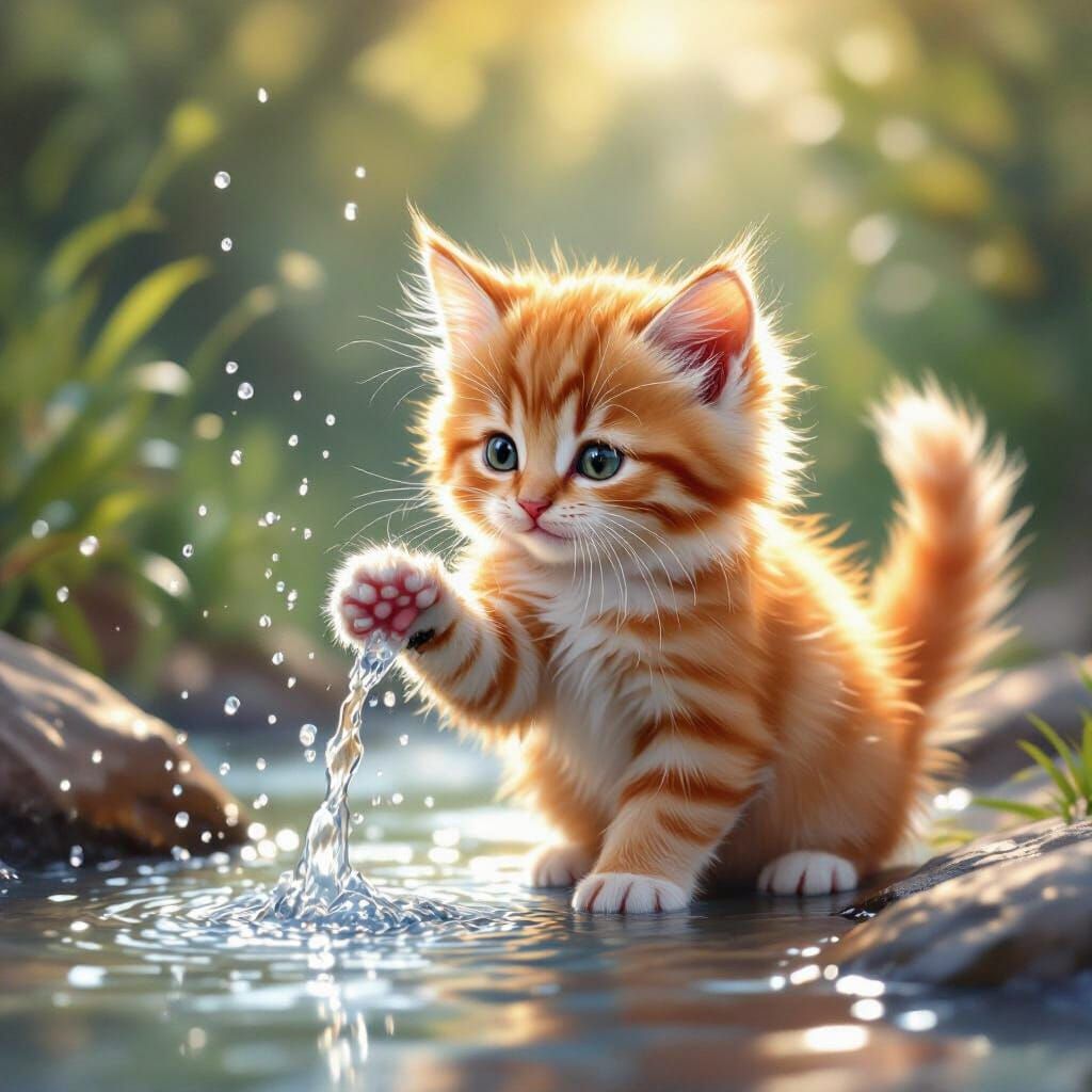 Fluffy Kitten Plays with Water in Gentle Watercolor Style