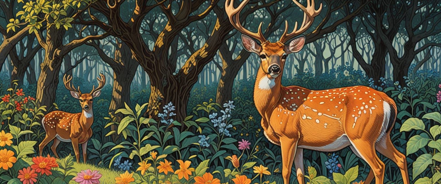 Bright Watercolor Deer Among Flowers in Early Morning Light