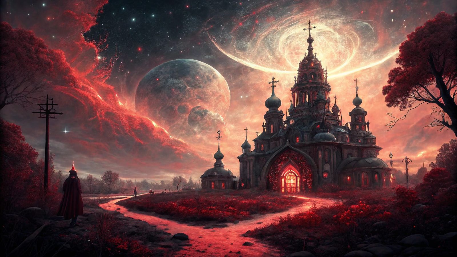 Ethereal Cosmic Dreamscape in Crimson Red and Black