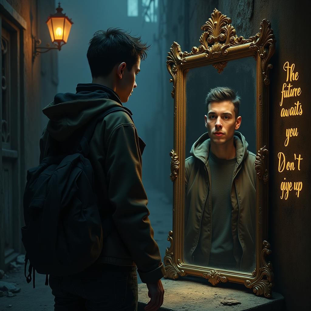 Hopeful Homeless Boy and Mirror to Alternate Reality