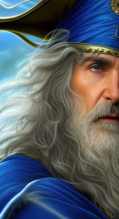 close-up Long-Haired-Magical-Pagan-Elderly-Male-Warlock in a Blue wizard cloak with Gold trim and a wizard-hat blowing i...