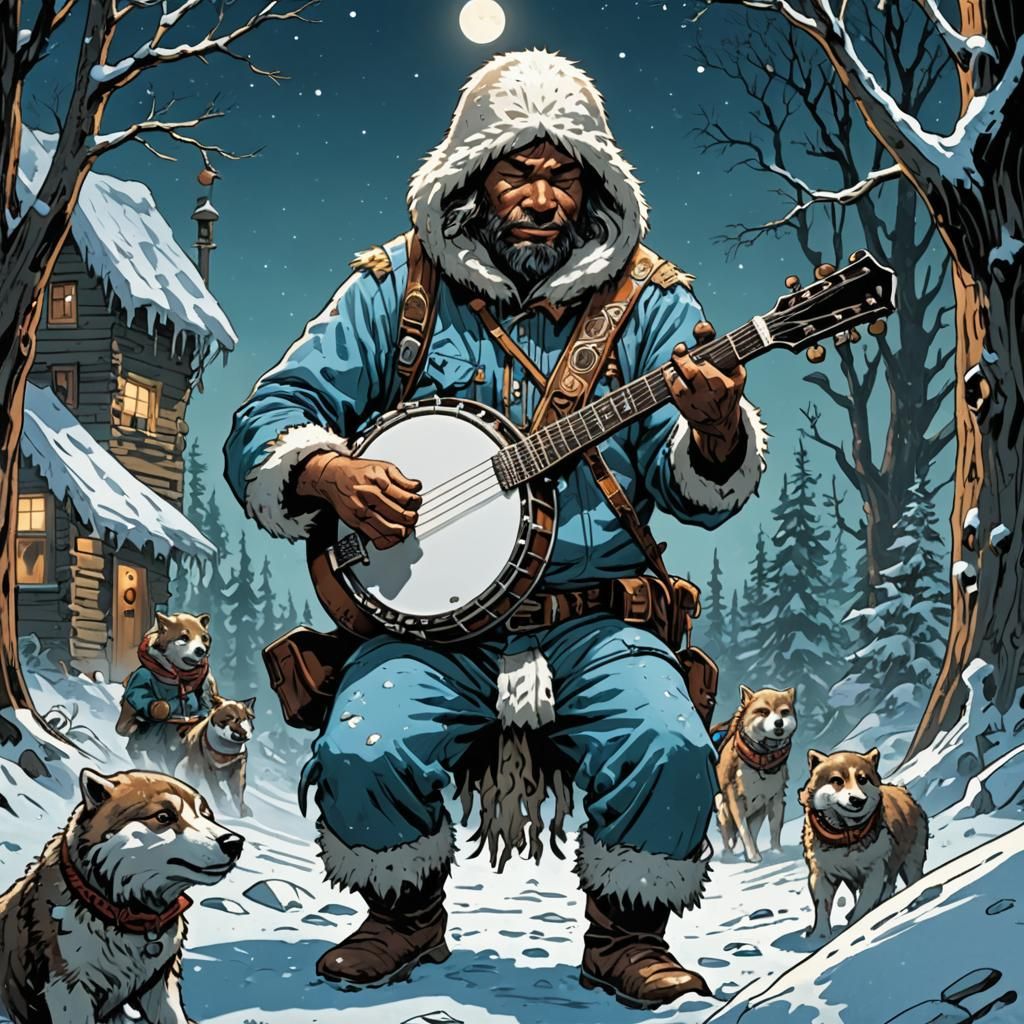 Eskimo Plays Banjo in Comic Book Art Style