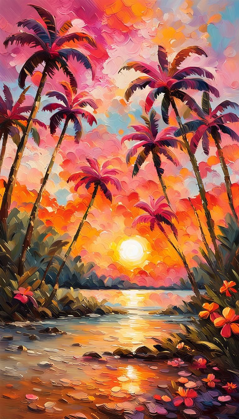 Vibrant Tropical Sunset with Impressionistic Impasto Texture...
