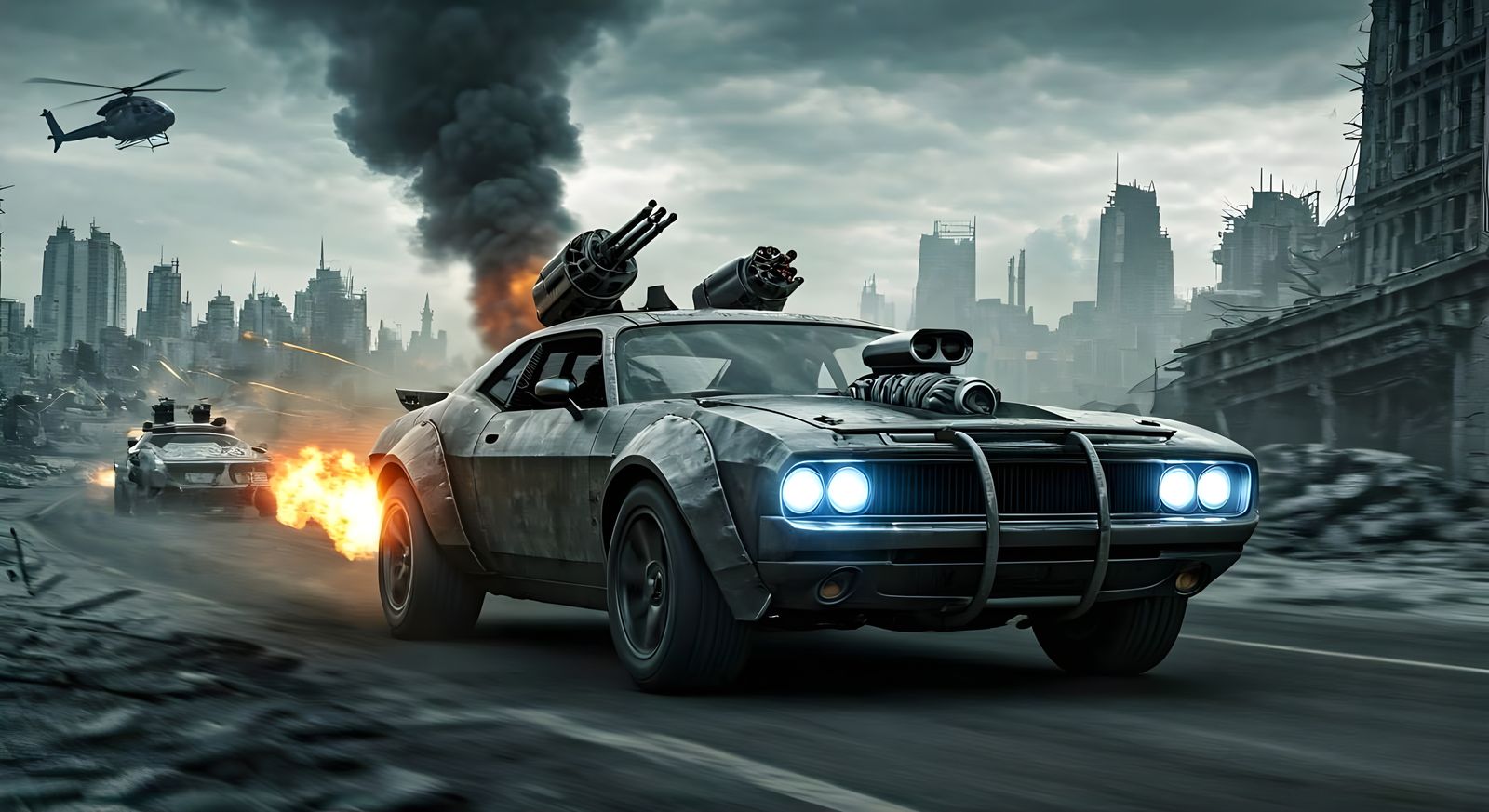 Post-Apocalyptic Muscle Car Race Through Ruins