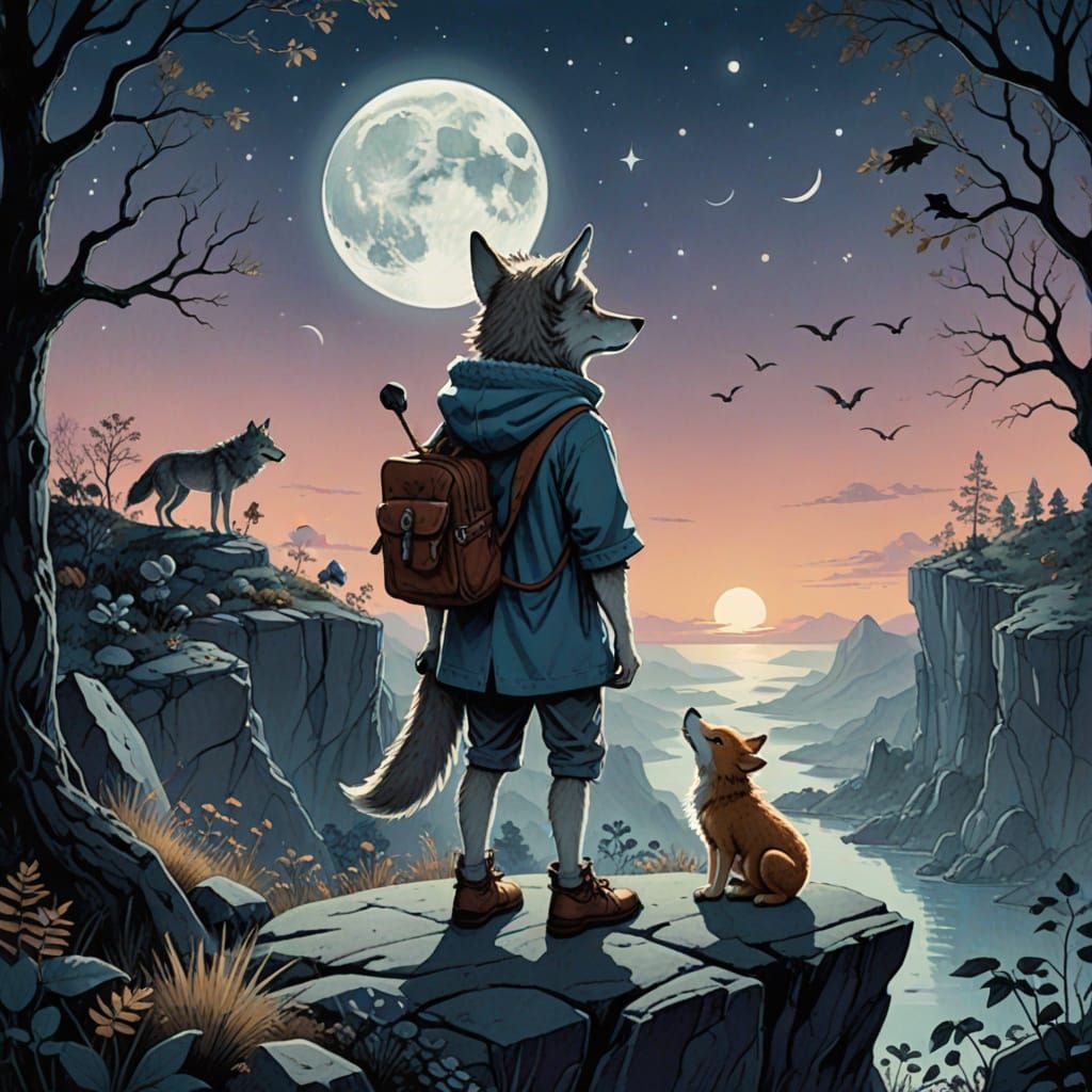 Boy in Wolf Costume Surrounded by Fantastical Creatures Unde...