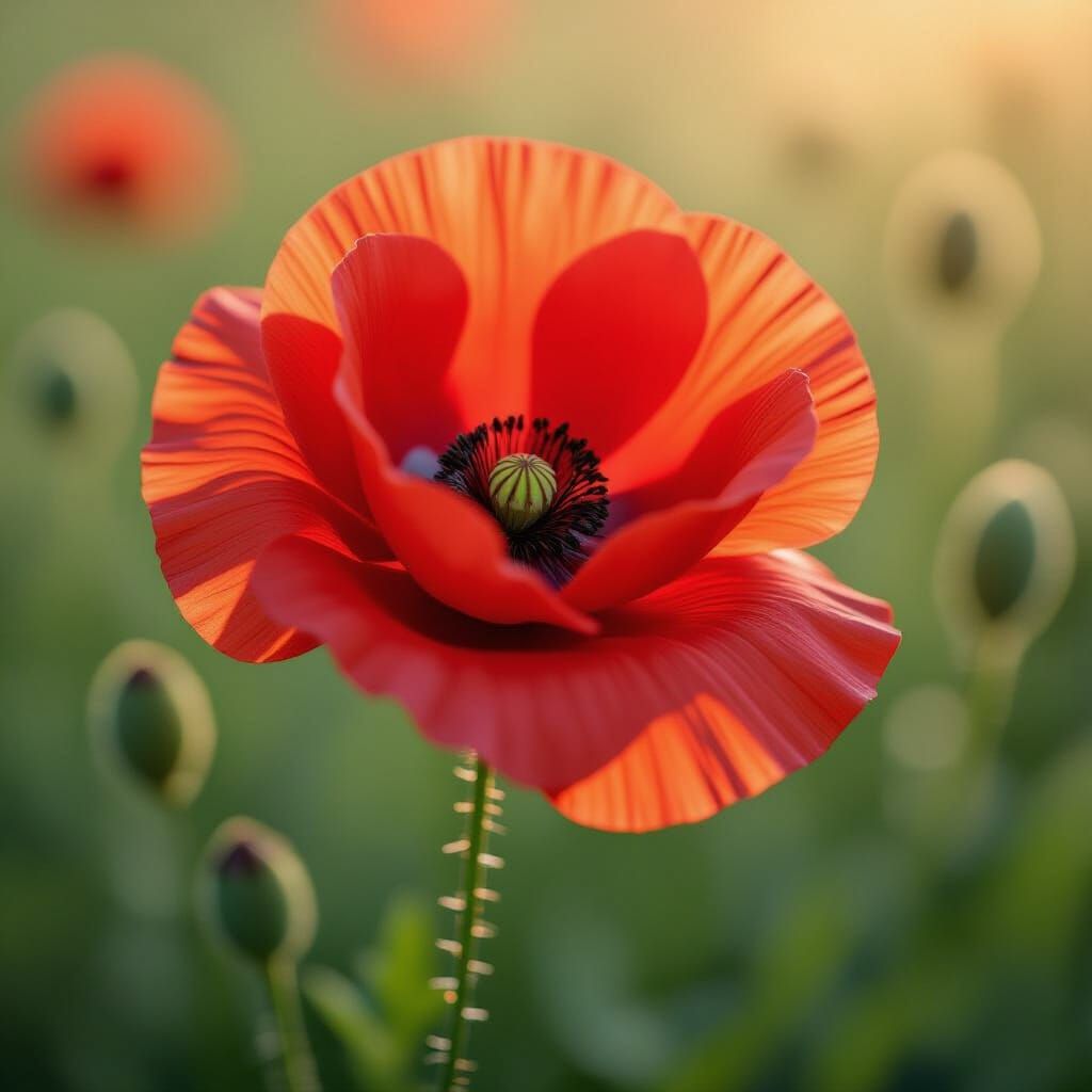 Vibrant Red Poppy in Golden Hour Light