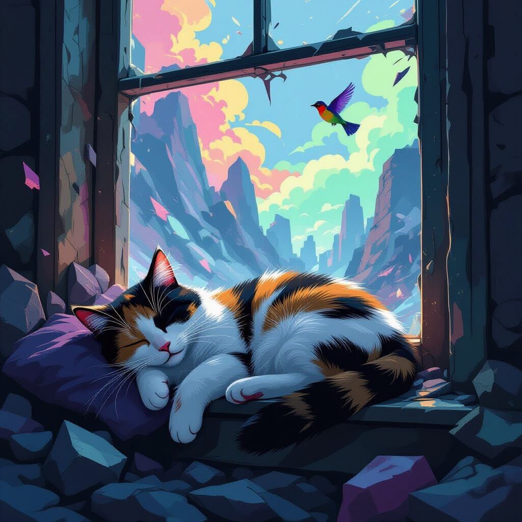 Calico Cat Sleeping Amidst Cyberpunk Cityscape