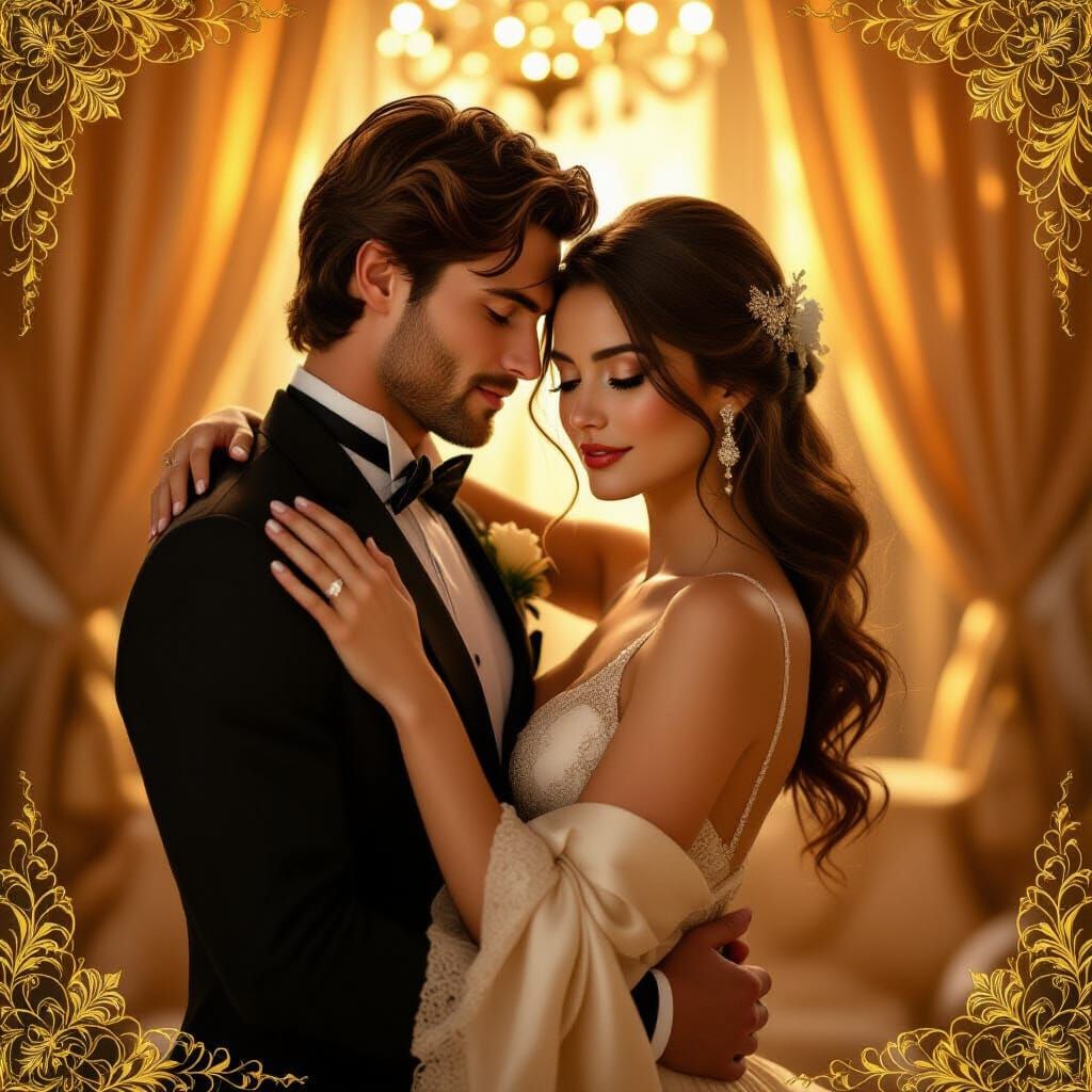 Elegant Embrace in Golden Light: Art Nouveau Style
