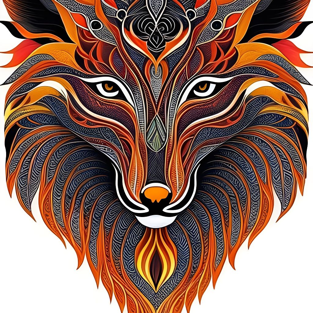 Flaming Spirit-Fox in Detailed Line Art Style