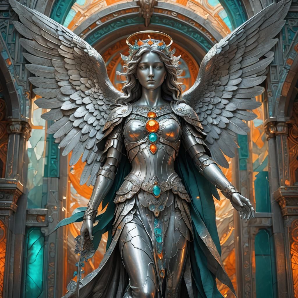 Silver Angel in Ancient Temple: Fantasy Art
