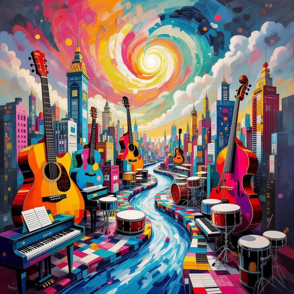 Surreal Caribbean Cityscape of Musical Instruments